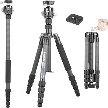 INNOREL 62 inches 10 Layers Carbon Fiber Camera Tripod Monopod with 360 Degree Low Gravity Center Ball Head, two 1/4 inch Quick Shoe Plates, Carry Bag for DSLR, Video, Load up to 26 pounds RT55C+N36