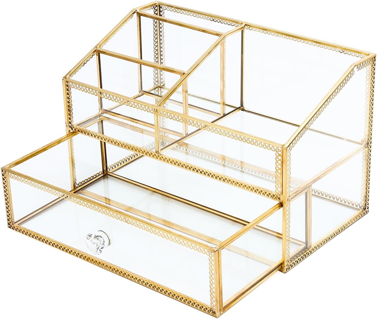 Vintage Gold Makeup Organizer - Glass Makeup Organizer Countertop Organizer for Make-Up Brushes Vanity, Tabletop Organizer Display Case for Bathroom, Vanity, Drawers GJB002