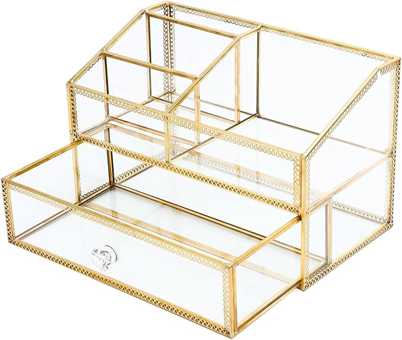 Organizador de maquiagem vintage WHSLILR em vidro com moldura dourada GJB002, 5 compartimentos