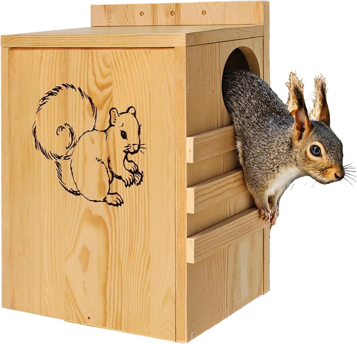 Squirrel House for Outside - Large Wood Squirrel House with Exterior Porch, Wooden Nesting Box for Squirrels,Chipmunk and Small Animals
