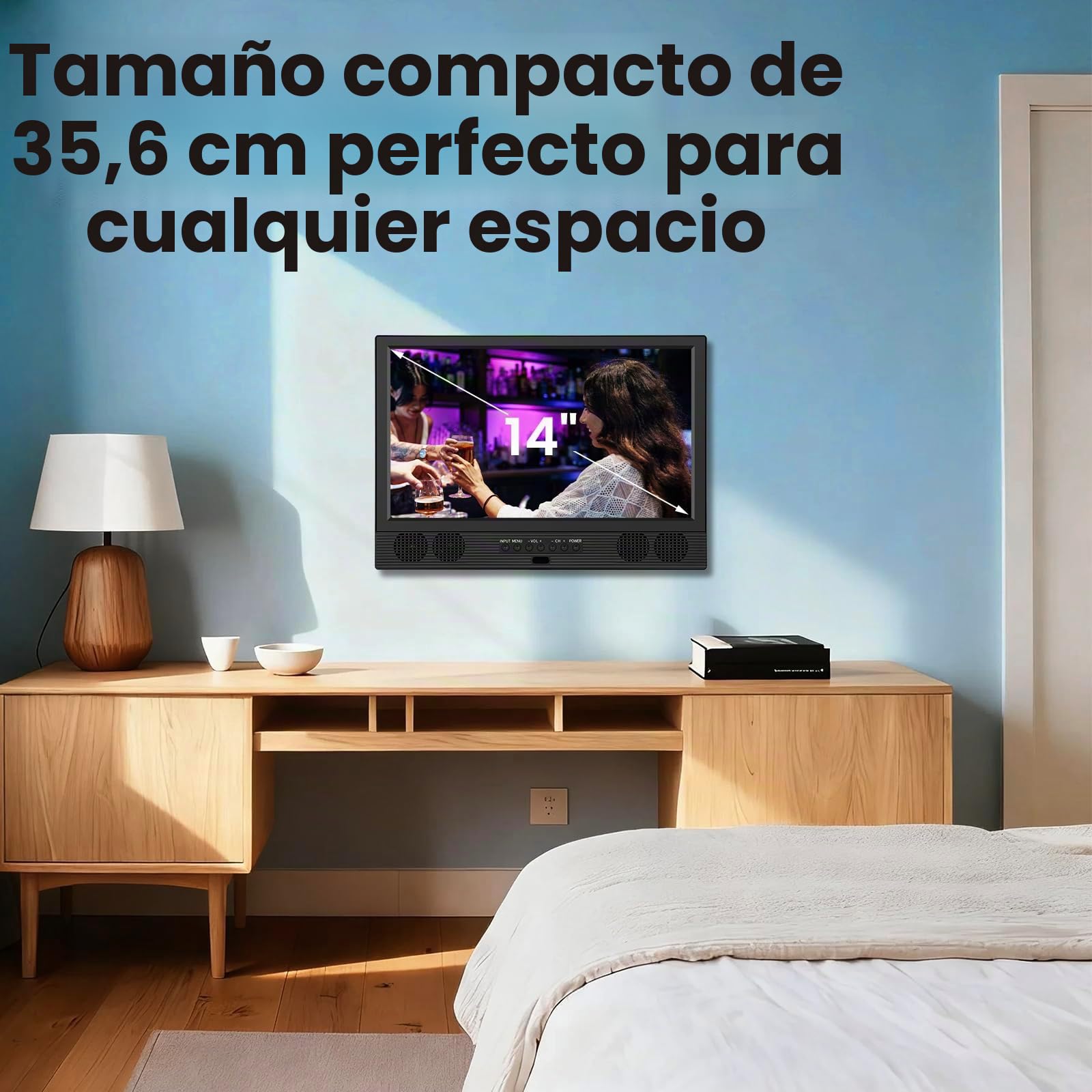 ZOSHING Smart TV de 14 pulgadas, pequeño televisor con entrada HDMI, sintonizador digital integrado/USB compatible con montaje en pared, para dormitorio, cocina, caravana, incluye control remoto