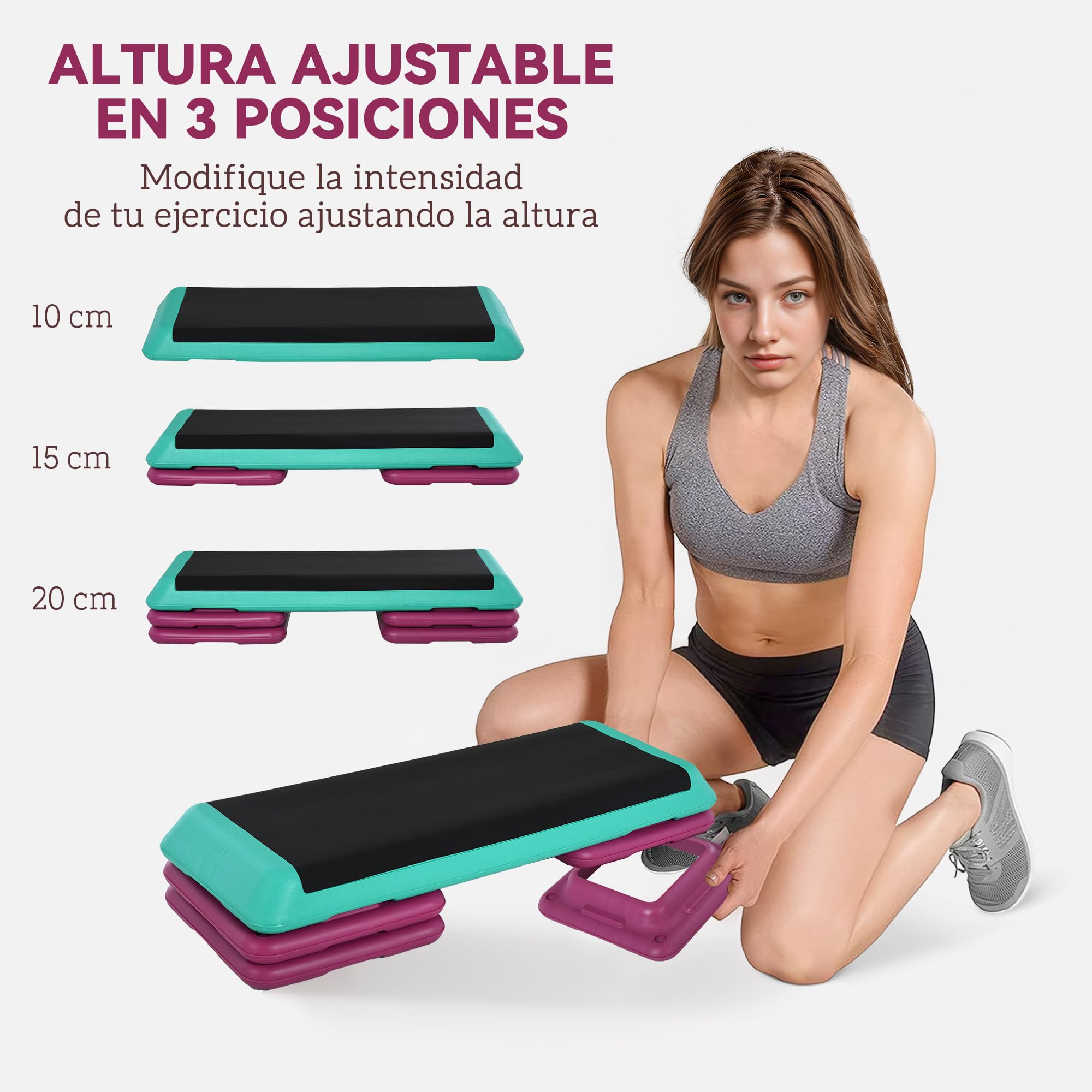 HOMCOM Step de Aeróbic, Step para Fitness Antideslizante, Altura Regulable 3 Niveles de 10/15/20 cm, Carga 150 kg, para Ejercicio en Casa, Gimnasio, 110x40x20 cm, Multicolor