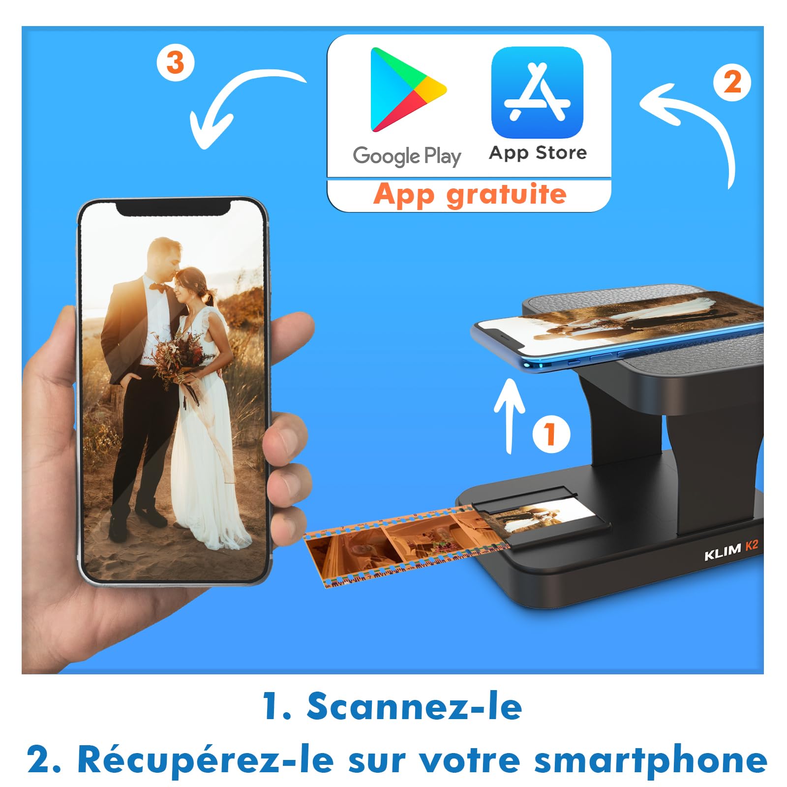 KLIM K2 Mobile Film Scanner 35mm + Free APP - Scanner Positif et négatif, Diapositives, Photos