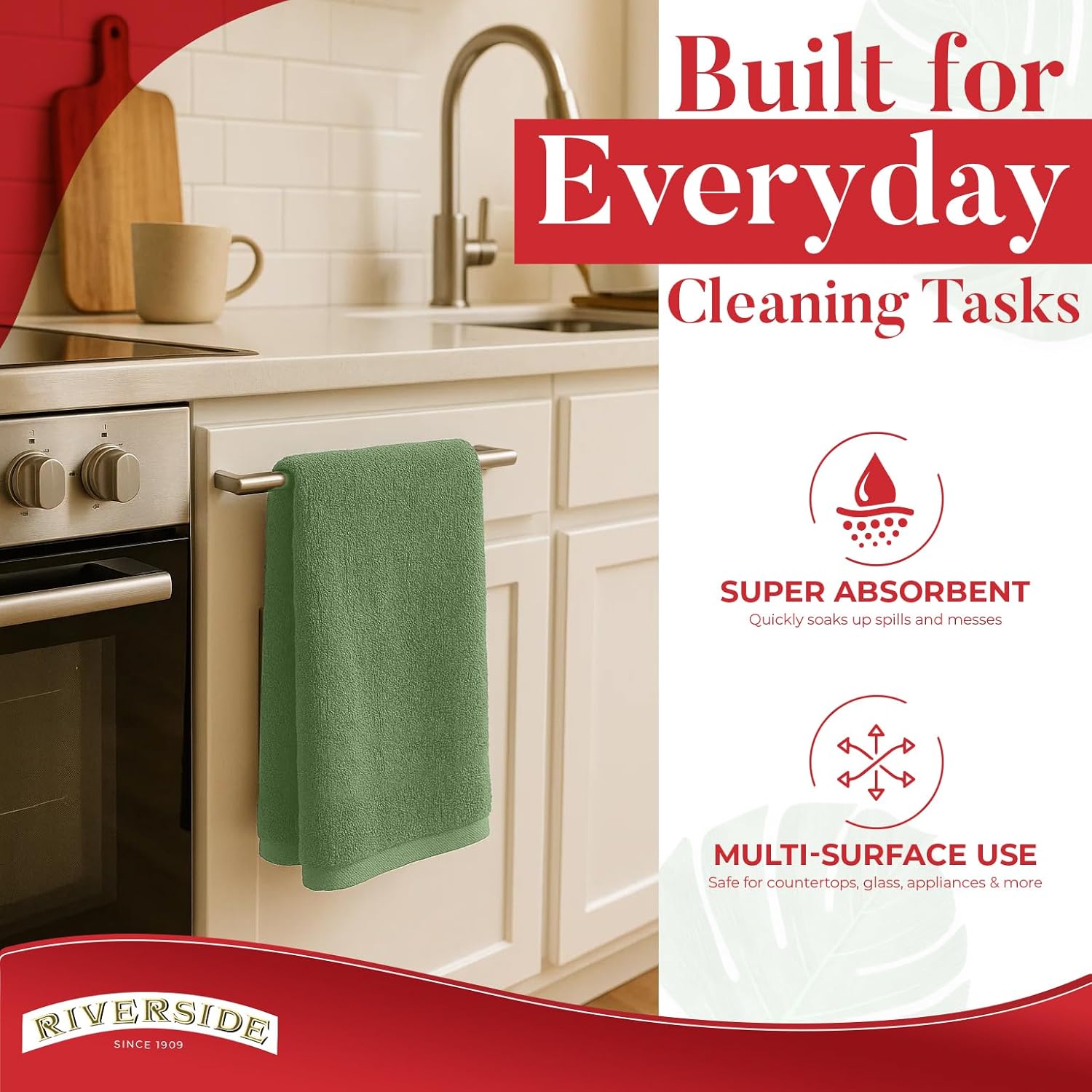 RIVERSIDE Bar Mop Towels Pack of 12, 16x19 Inches, 100% Ring Spun Cotton Terry Cloth Kitchen Towel, Highly Absorbent & Reusable Multipurpose Cleaning Rags for Bathroom, Hotel, Restaurant, Sage Green