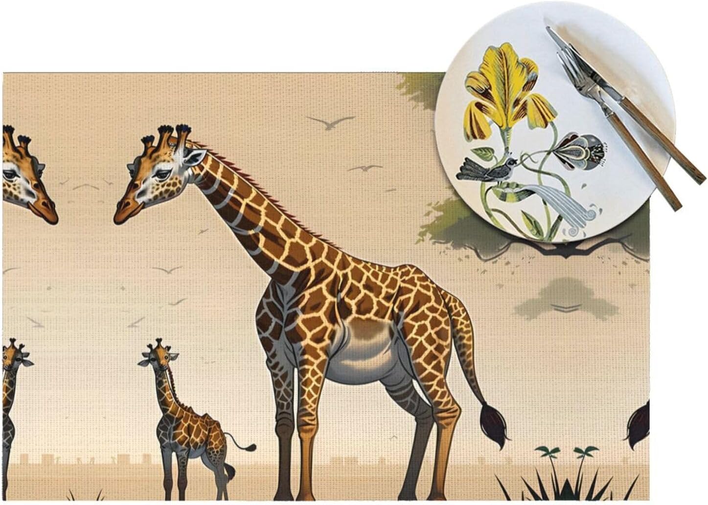 Poezjzwmother and Child Giraffe Place Mats, PVC Table Mats Set of 6 Indoor Placemats Washable Non-Slip Heatproof for Dining Table Fabric