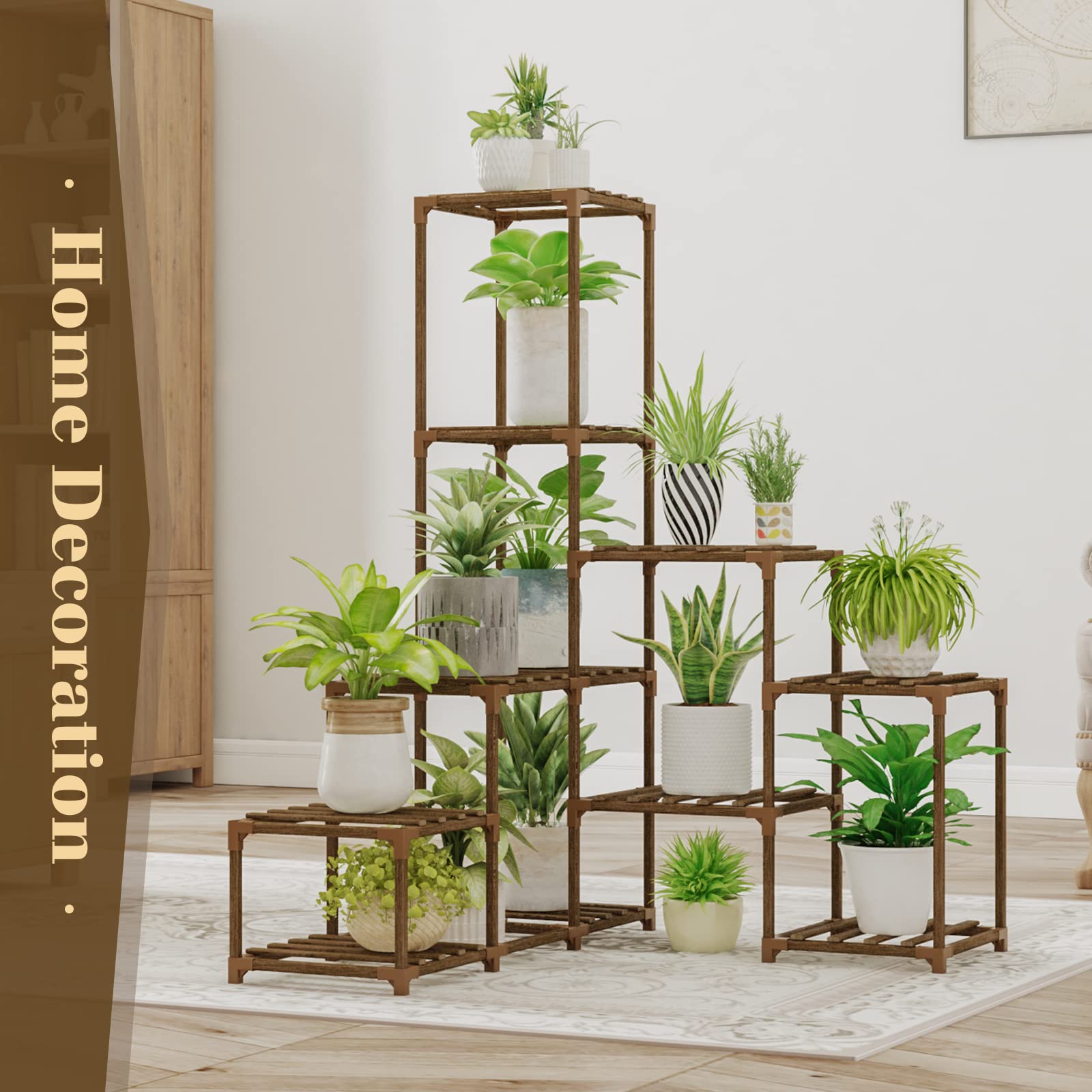 Bamworld Supporto per piante ad angolo per interni, in legno, 8 vasi per più piante, decorazione per la casa per regali di giardinaggio