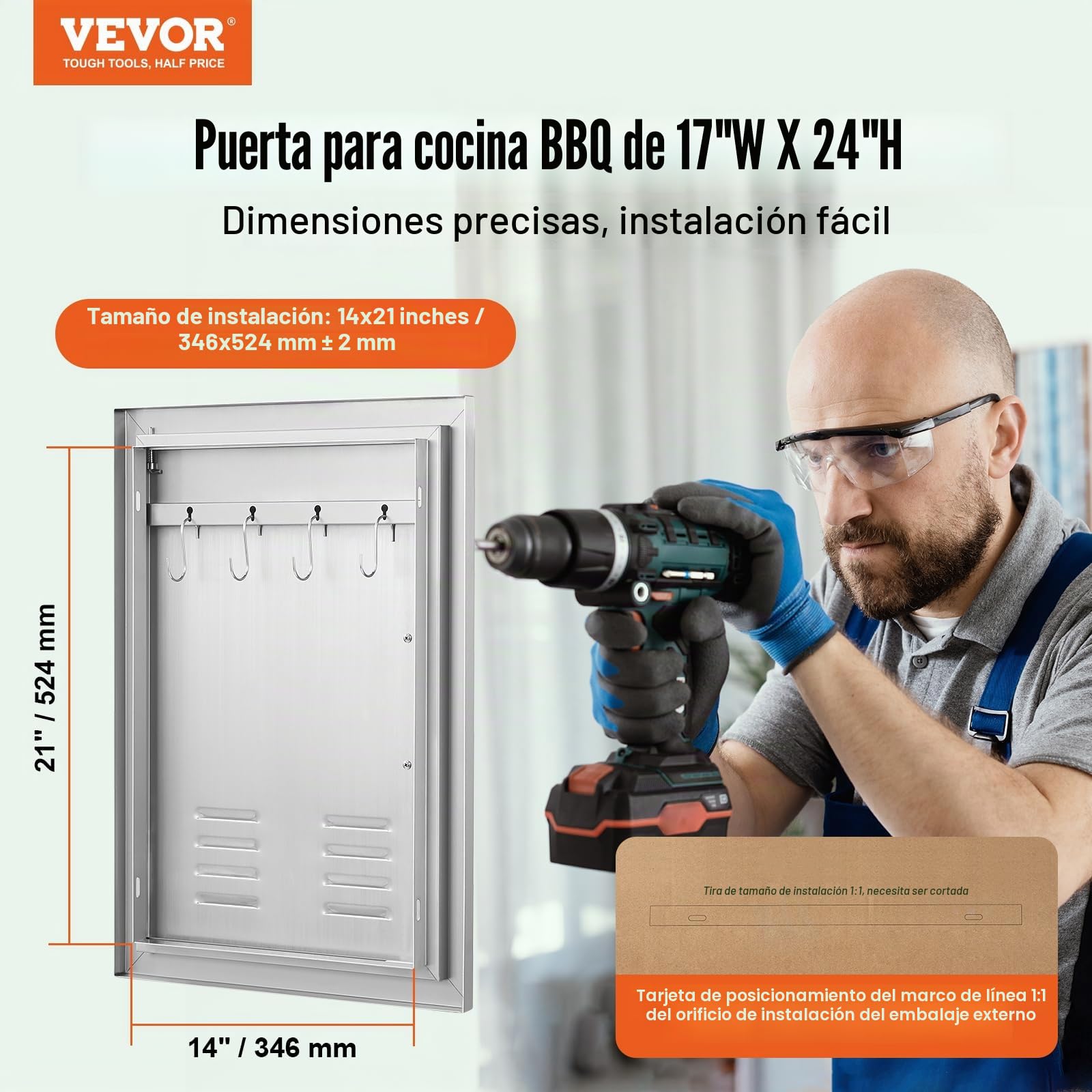 VEVOR - Puerta de acceso para barbacoa y cocina exterior, 610 x 431 x 45 mm, puerta empotrada en acero inoxidable, con asas, ventilaciones y ganchos, para isla de barbacoa, estación de