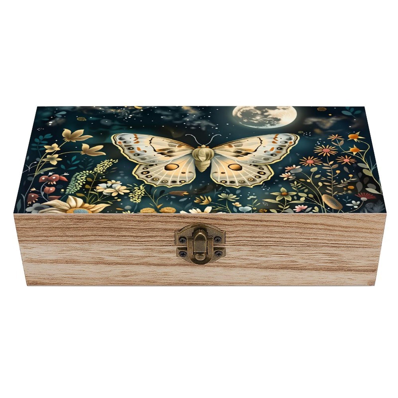 asbwuo Butterflies Under The Moonlight Vintage Wooden Keepsake Box