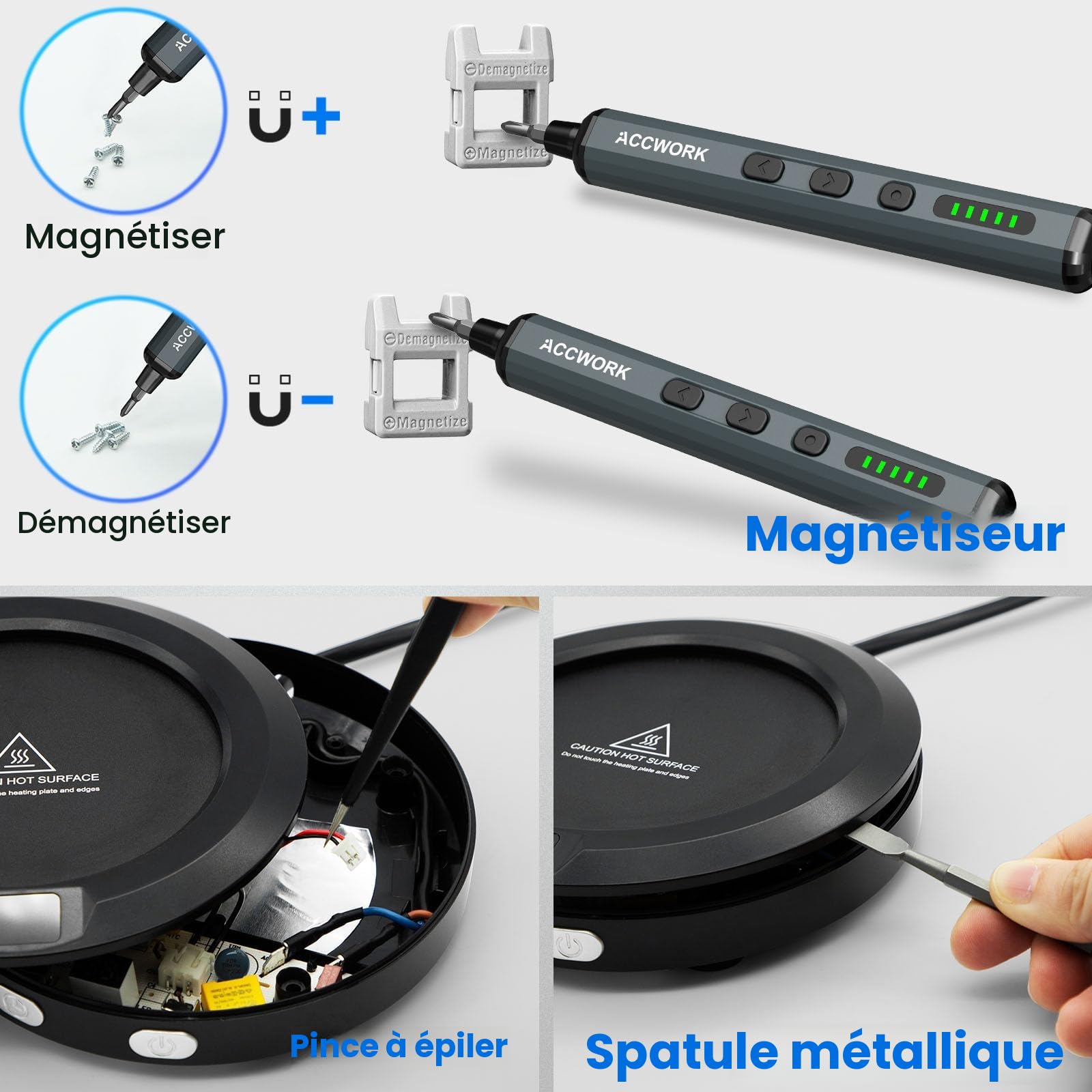 Accwork Tournevis électrique de précision 68 en 1 - Avec 64 embouts magnétiques S2-5 vitesses - Écran LED magnétique - Pour ordinateur portable, lunettes, montres