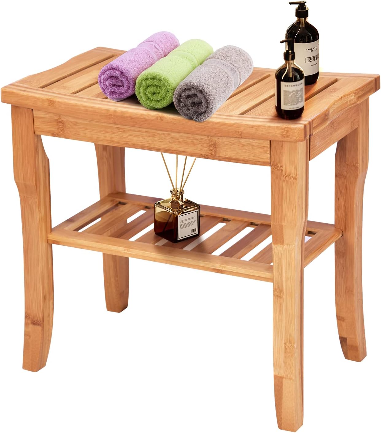 Giantex Bamboo Shower Bench Seat with Storage Shelf, Waterproof Shower
