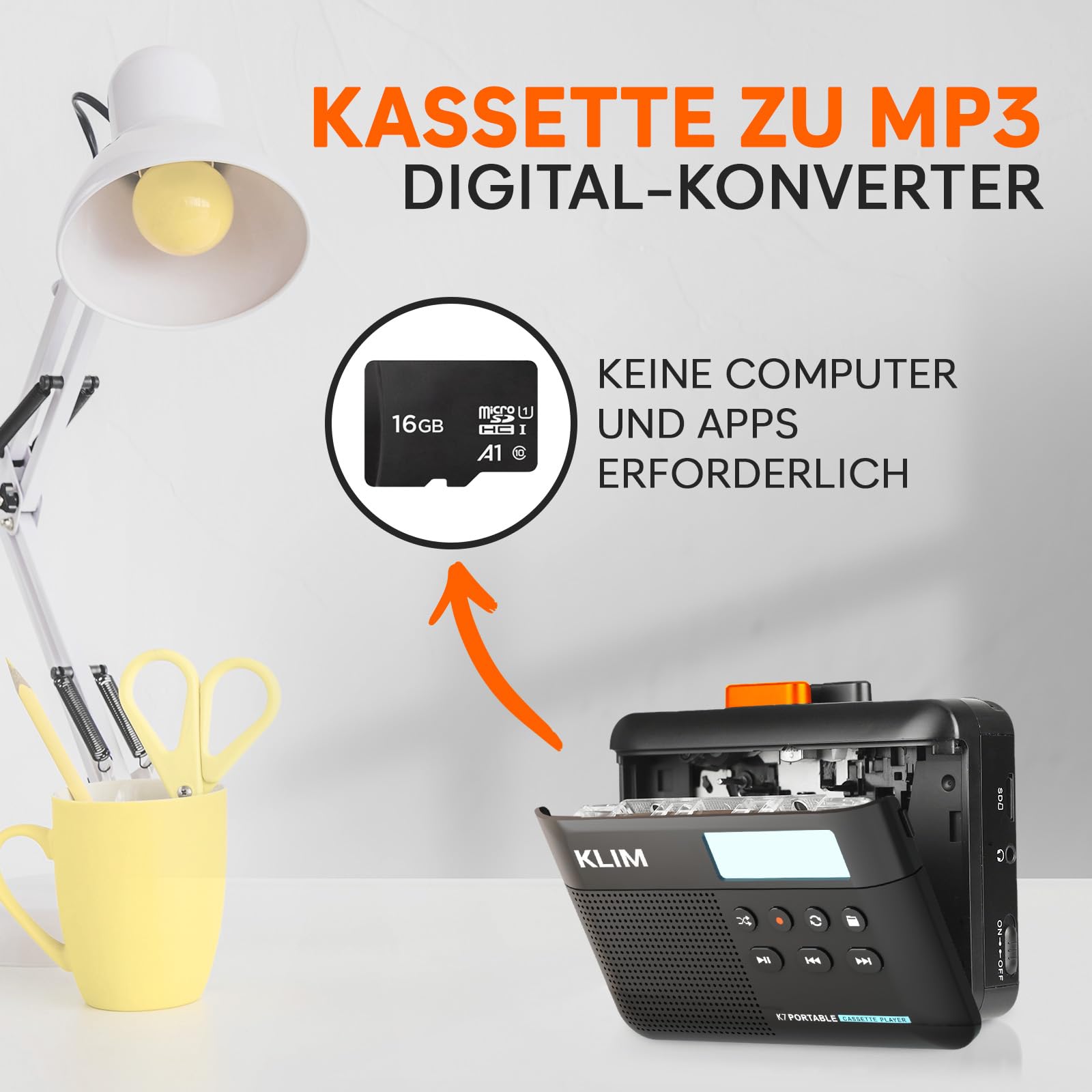 Kassettenspieler 16GB SD-Karte - Cassette Gerät - Kassetten Digitalisieren - Tragbarer Kassettenrekorder - Mikrofon & Lautsprecher - Wiederaufladbarer Aufladbar - Stereoausgang - Schwarz-Orange