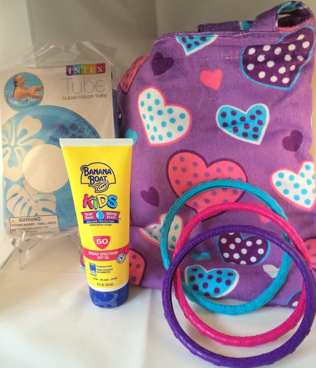 Summer Beach Towel-n-Tote Gift Set: Banana Boat Kids SPF 50, 36" Floating Tube, & 3 Dive Rings (Purple Hearts)