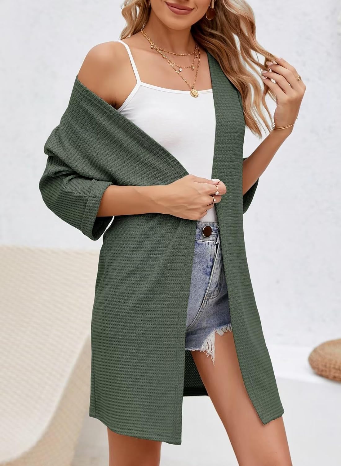 SHEWIN Women's Cardigans Casual 3/4 Short Sleeve Open Front Waffle Knit Lightweight Kimonos Cardigan Sweaters for Women - Image 7