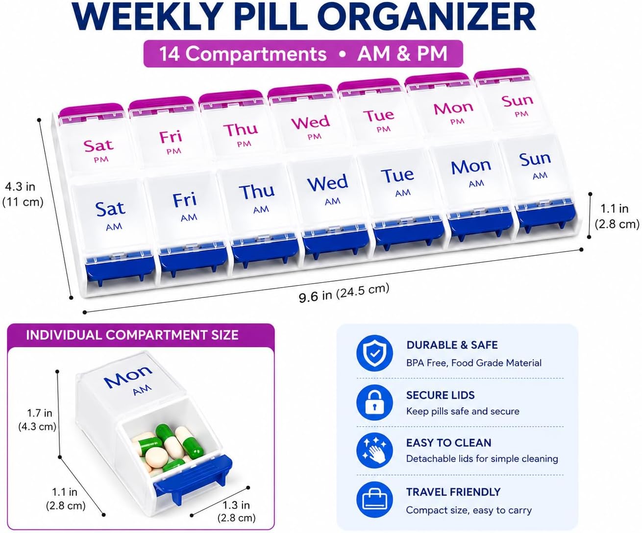 Shea Muse Weekly Pill Organizer-14 Large compartments,AM/PM Medication Organizer, Portable Travel Pill Box for Vitamins, Supplements & Prescriptions, Secure Snap Closure, BPA-Free, Easy Open Design