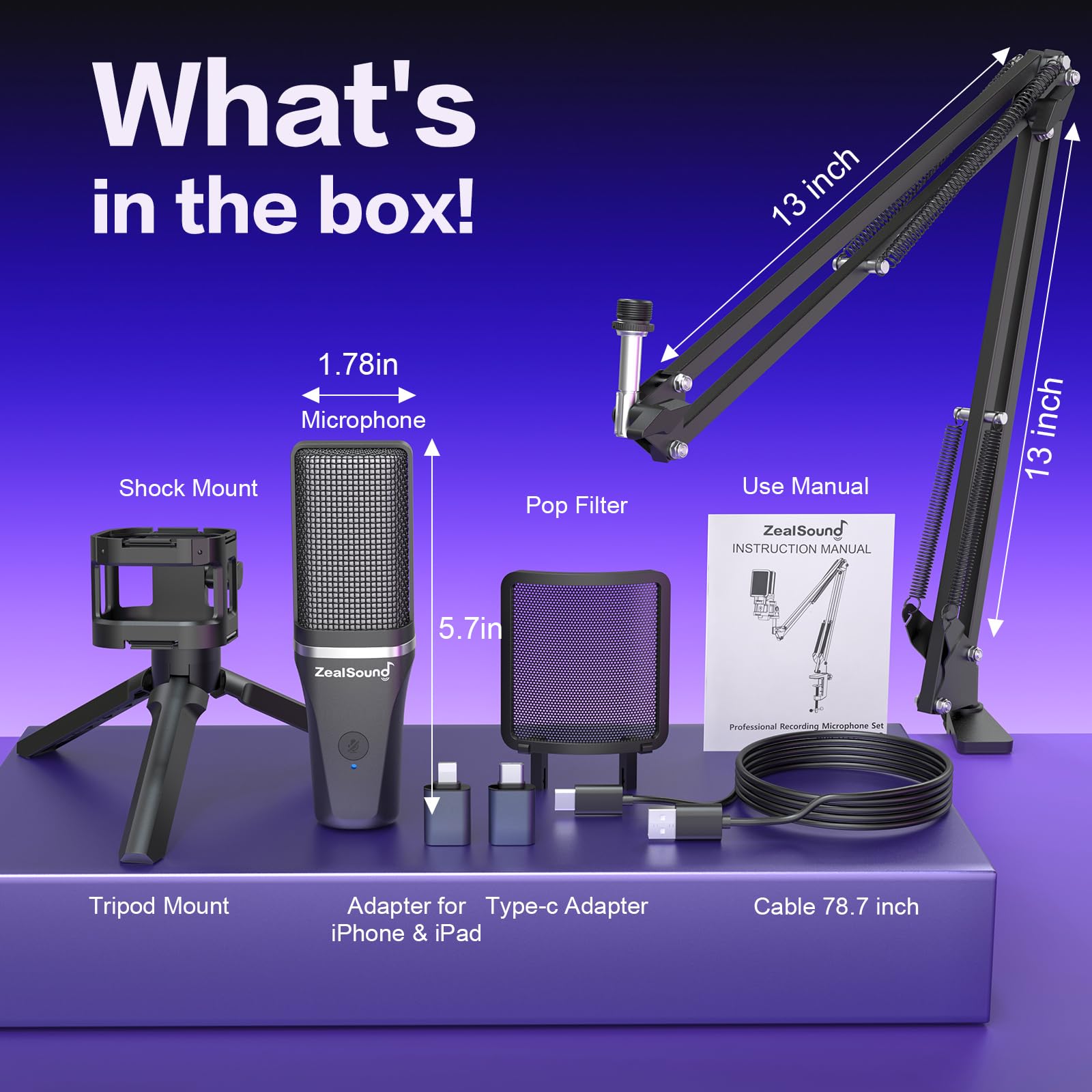 ZealSound Gaming USB Microphone,Noise Cancellation Condenser mic,RGB Microphone with Mute,Gain,Monitoring,Boom Arm,Pop Filter for Phone,PC,Computer,PS4,PS5,Mac,Streaming,Podcast,Twitch,YouTube,Discord: Boom ARM + Stand