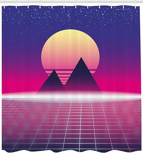 Miniatura 2 de Lunarable Disco Shower Curtain, Synthwave Theme of Pyramids Landscape, Cloth Fabric Bathroom Decor Set with Hooks, 69" W x 70" L, Multicolor