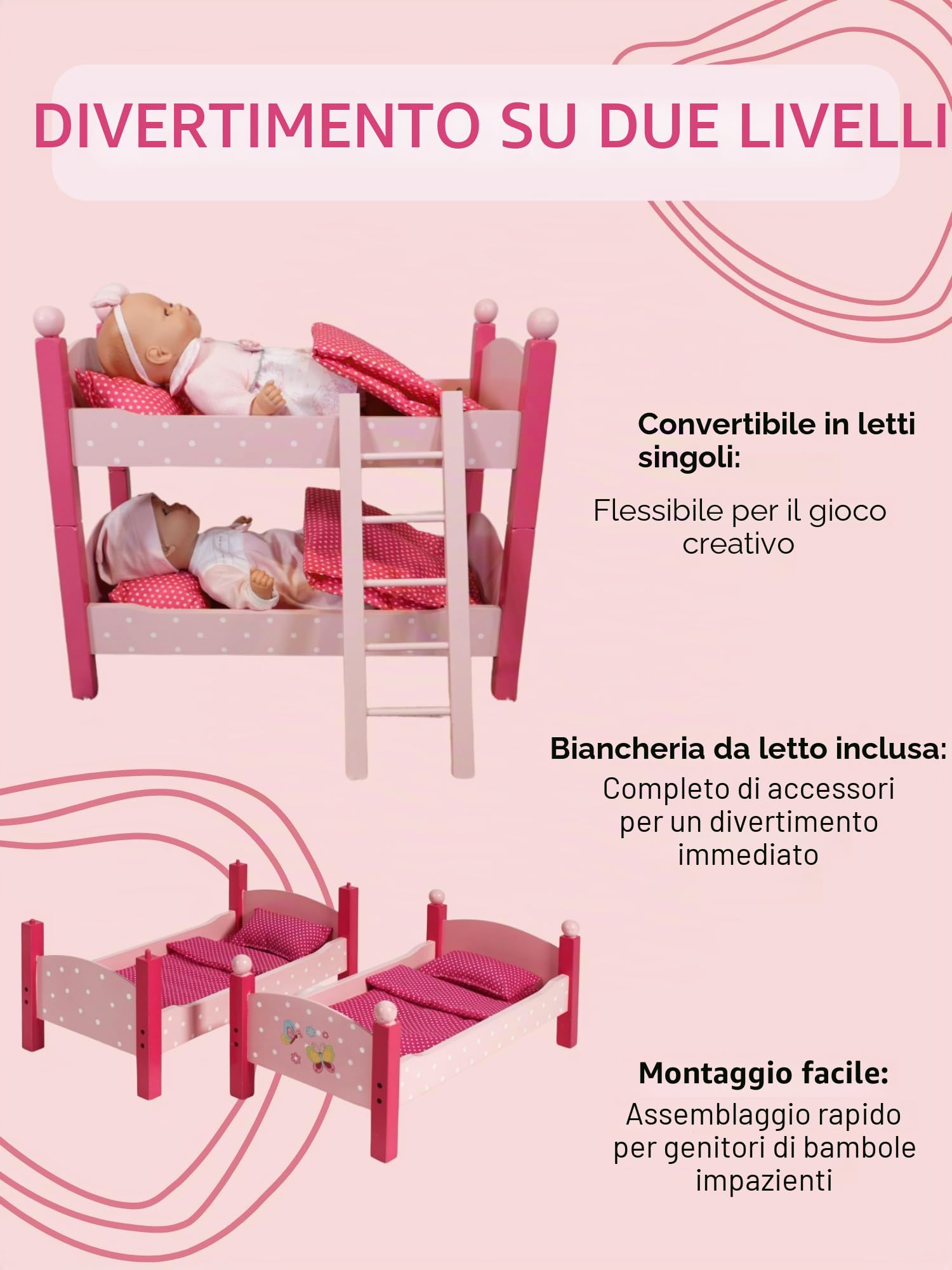 Bayer Chic 2000® Lettino per bambole a castello matrimoniale, Papilio rosa, letto a soppalco per bambole con scala e biancheria da letto, per bambole fino a 48 cm, accessori per bambole, letto in
