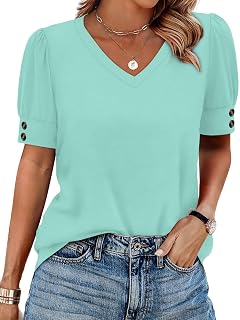 OFEEFAN Womens Tops Short Sleeve Shirts Buttons V Neck Spring Fashion Summer Outfits Plus Size Blouses Dressy Casual - Amazon product rated Grade A