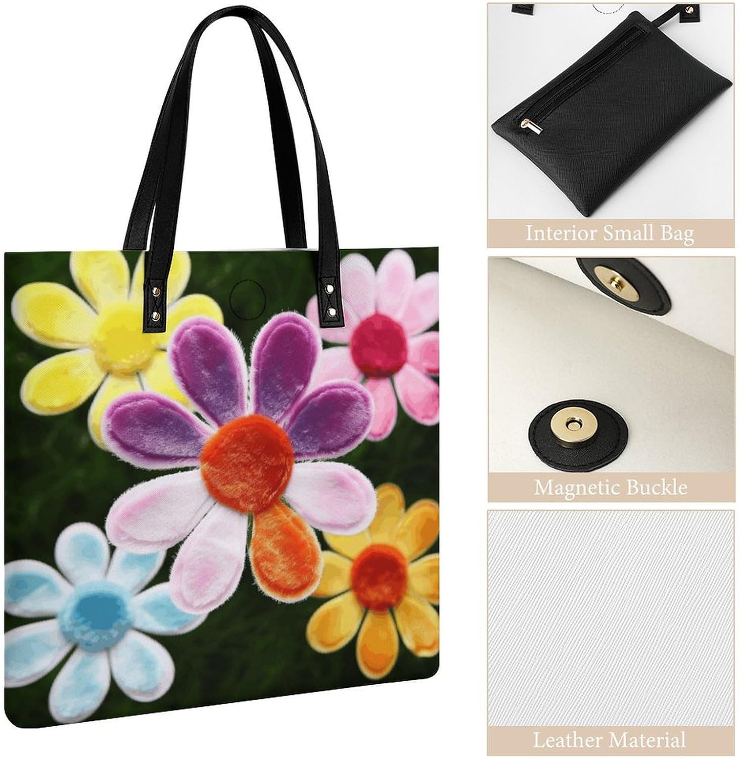 Daisy Flower Colorful Handbags Large Capacity, Tote Bag Stylish Slouchy, Shoulder Bags for Work Beach Travel And Shopping Grocery.