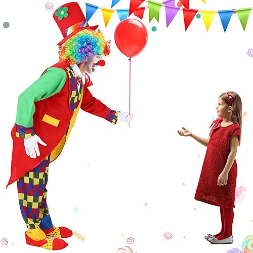 Miniatura 4 de Yahenda Juego de disfraz de payaso de 7 piezas, incluye disfraz de payaso rojo, peluca de payaso, zapatos de payaso, accesorios de sombrero de payaso
