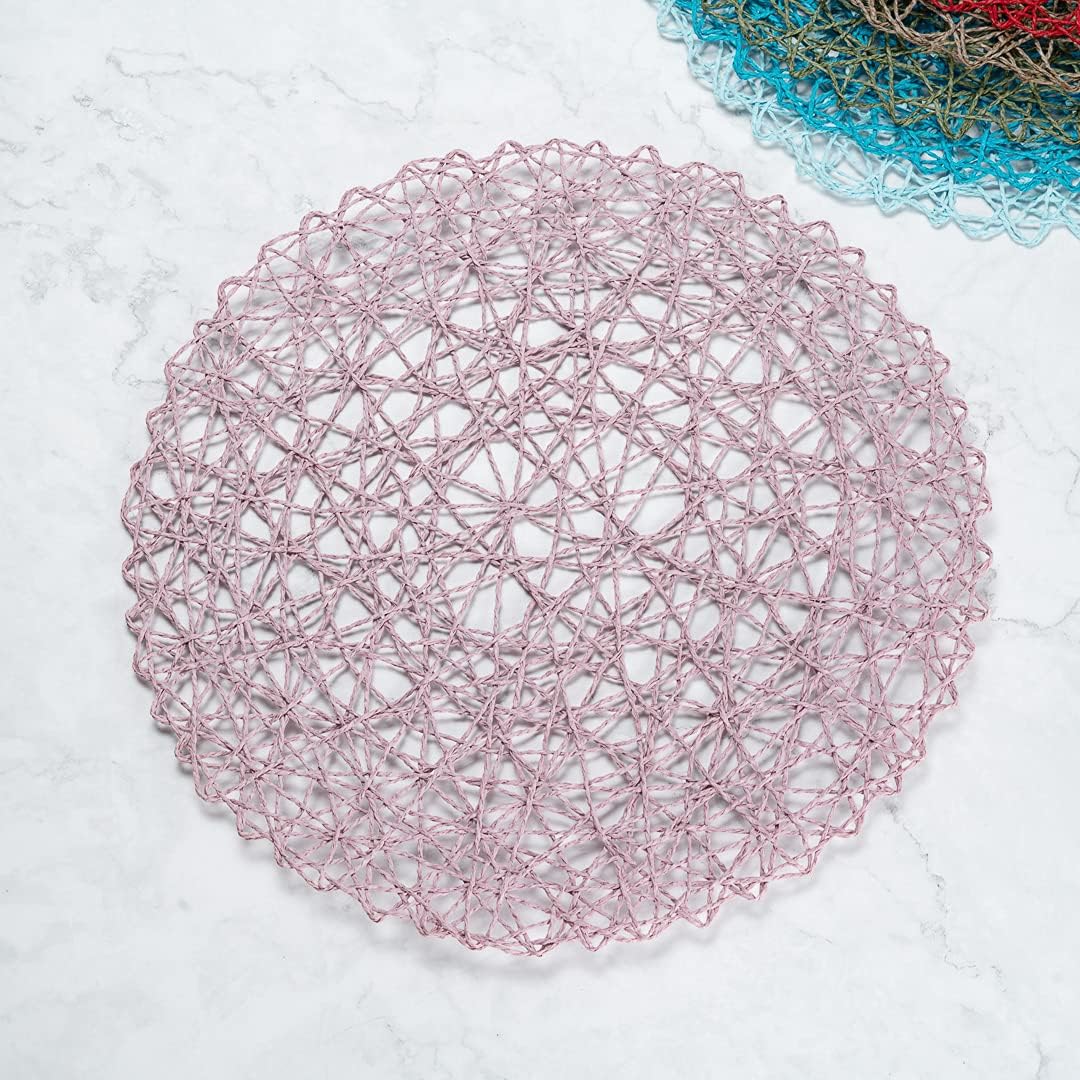 Restaurantware Spinweave 15 Inch Dining Table Placemats Set Of 6 Round Kitchen Table Mats - Semi-Disposable Handwoven Pink Paper Circle Placemats Durable Table Mats For Holidays Or Weddings