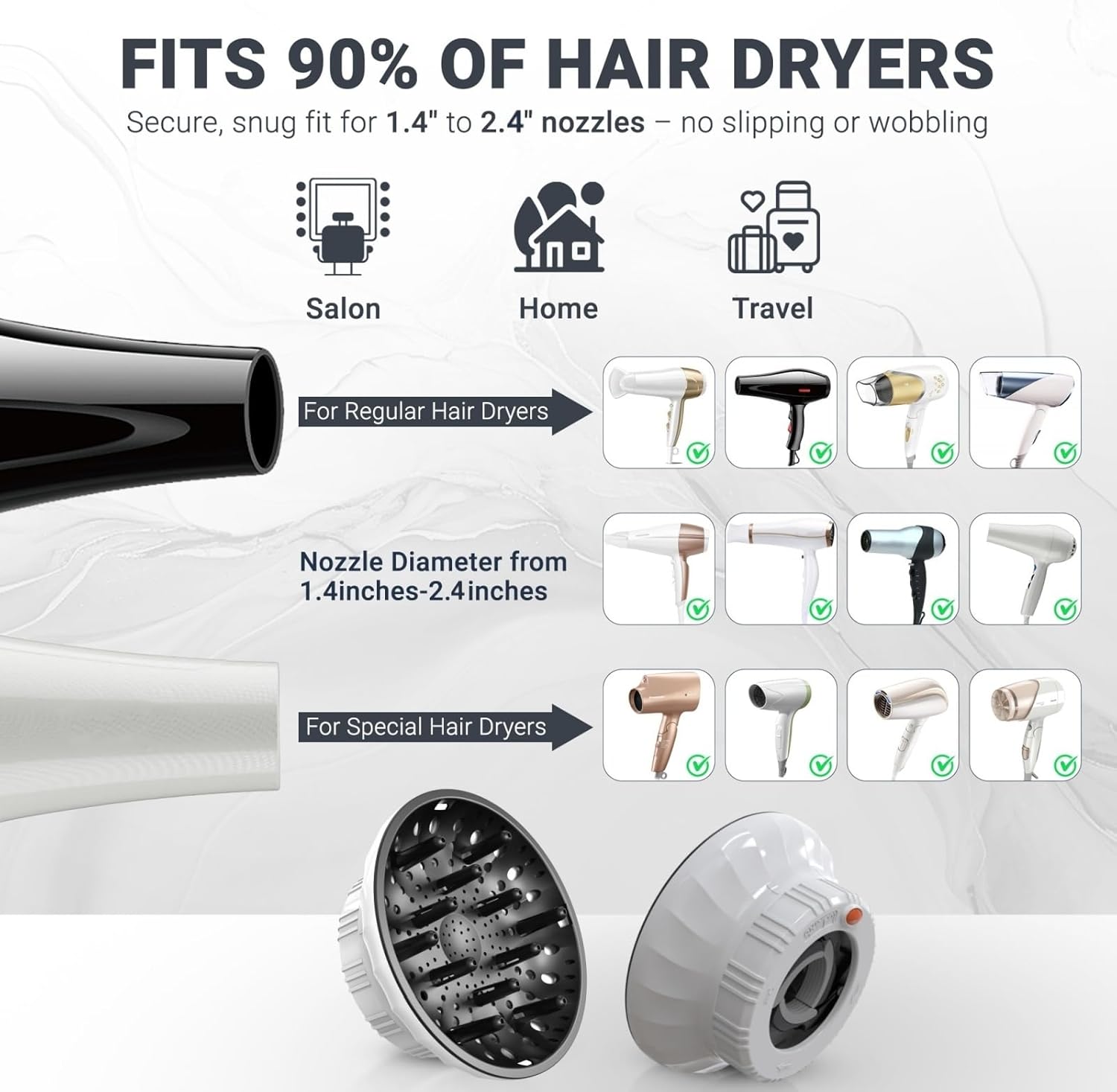 Universal Hair Diffuser: Hair Dryer Diffuser Attachment for Curly & Wavy Hair, Fits 1.4-2.4 Inch Nozzles, Ideal for Long Thick Hair, Hair Styling Tool,White - Image 7