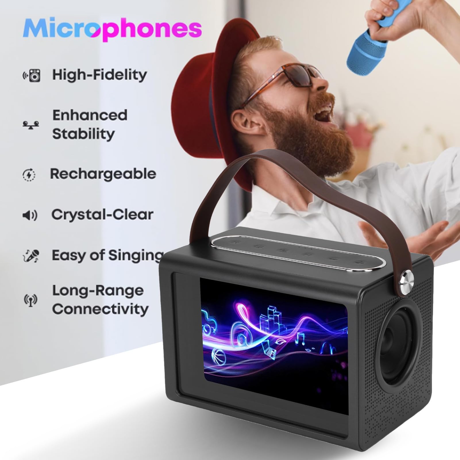 Luocute Macchina per Karaoke Portatile, Macchina WiFi Bluetooth 5.4 Karaoke con 2 Microfoni Wireless, Visualizzazione dei Testi, Controllo delle App, Adatto per il Compleanno di