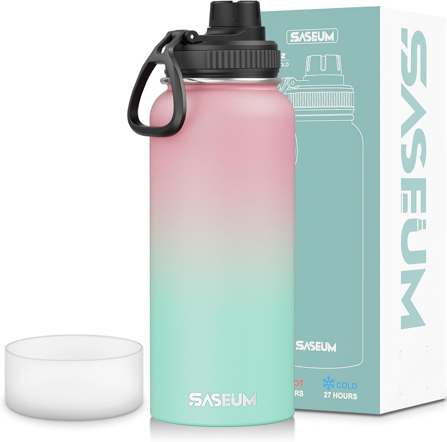 SASEUM Insulated Stainless Steel Water Bottles 32oz with Spout Lids Metal Vacuum Thermal Large Water Jug Leak-proof Reusable Flask for Sports Gym and Travel,Pink-Green