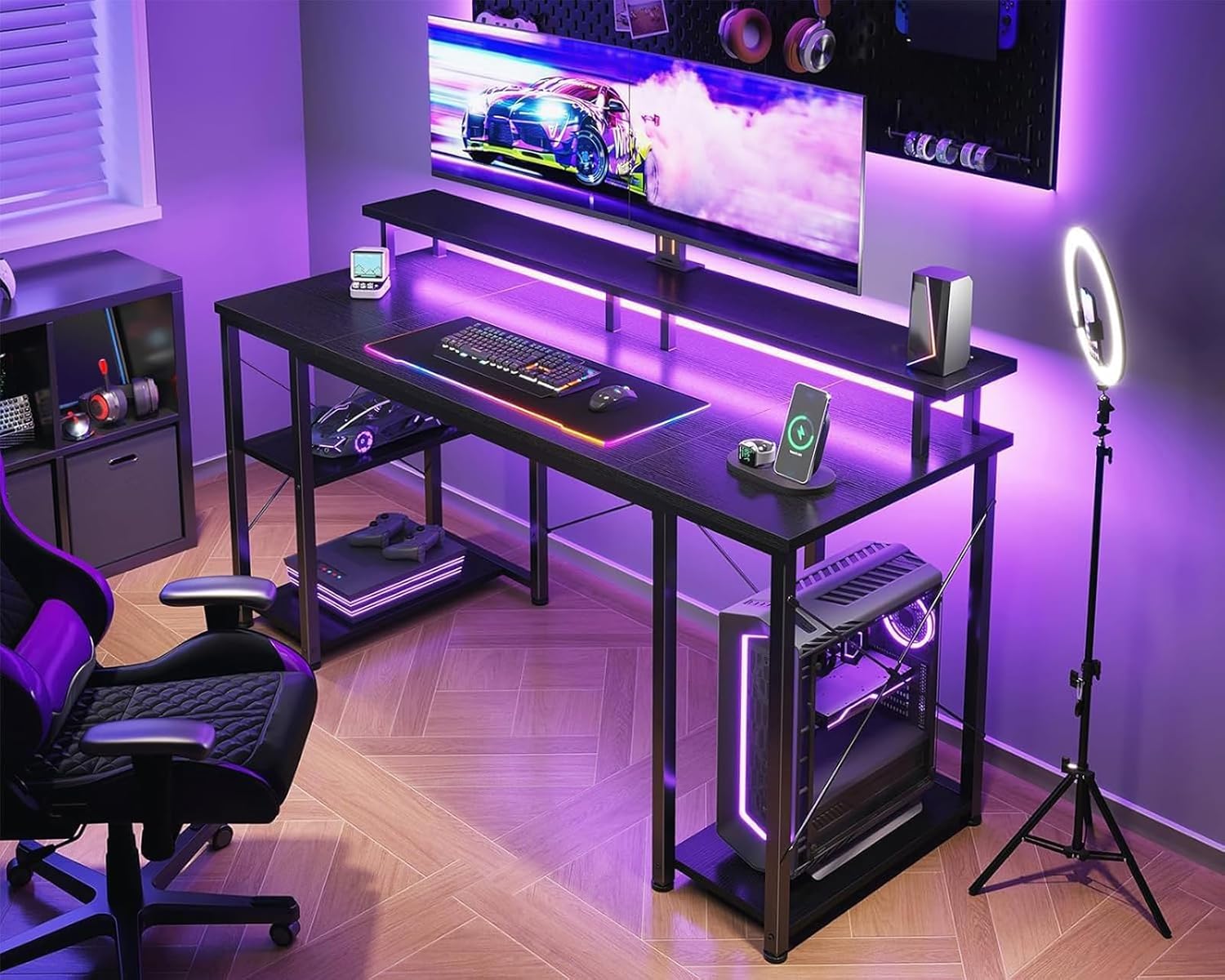 ODK Gaming Desk with Led Lights & Power Outlet, 48 Inch Gaming Computer Desk with Storage Shelves, PC Desk with Monitor Stand, Gamer Desk Table for Home Office, Black - Image 8