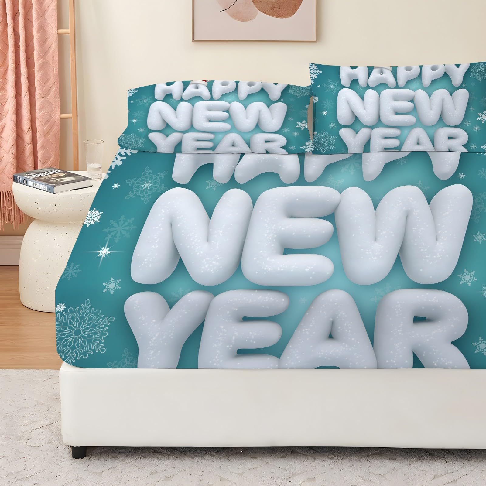 Sabana Bajera 135x190 FelizAñoNuevo Sabanas Bajeras Estampadas Copodenieve Sábana Bajera Ajustable Suaves, Elastico Funda Colchon con 2 Funda Almohada 50x80 cm, para Colchón de 30cm de Altura