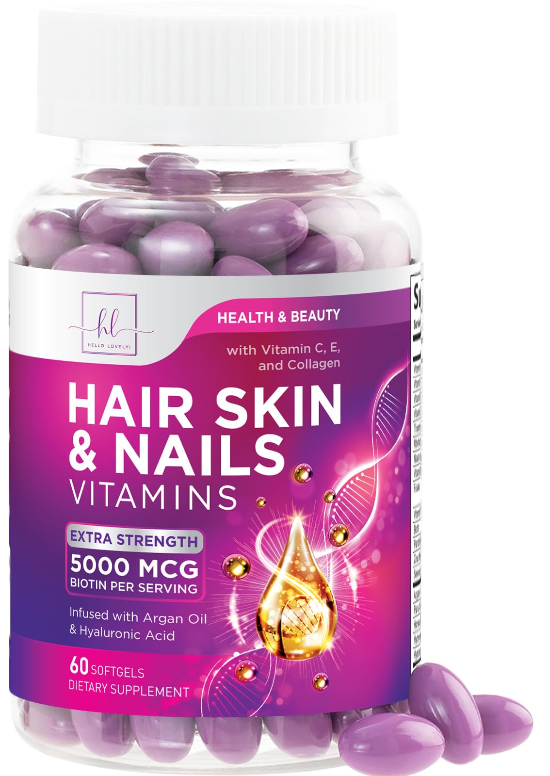 Hair Vitamins for Women for Hair Growth - Argan-Infused Supplement with Collagen Biotin and Hyaluronic Acid - Supports