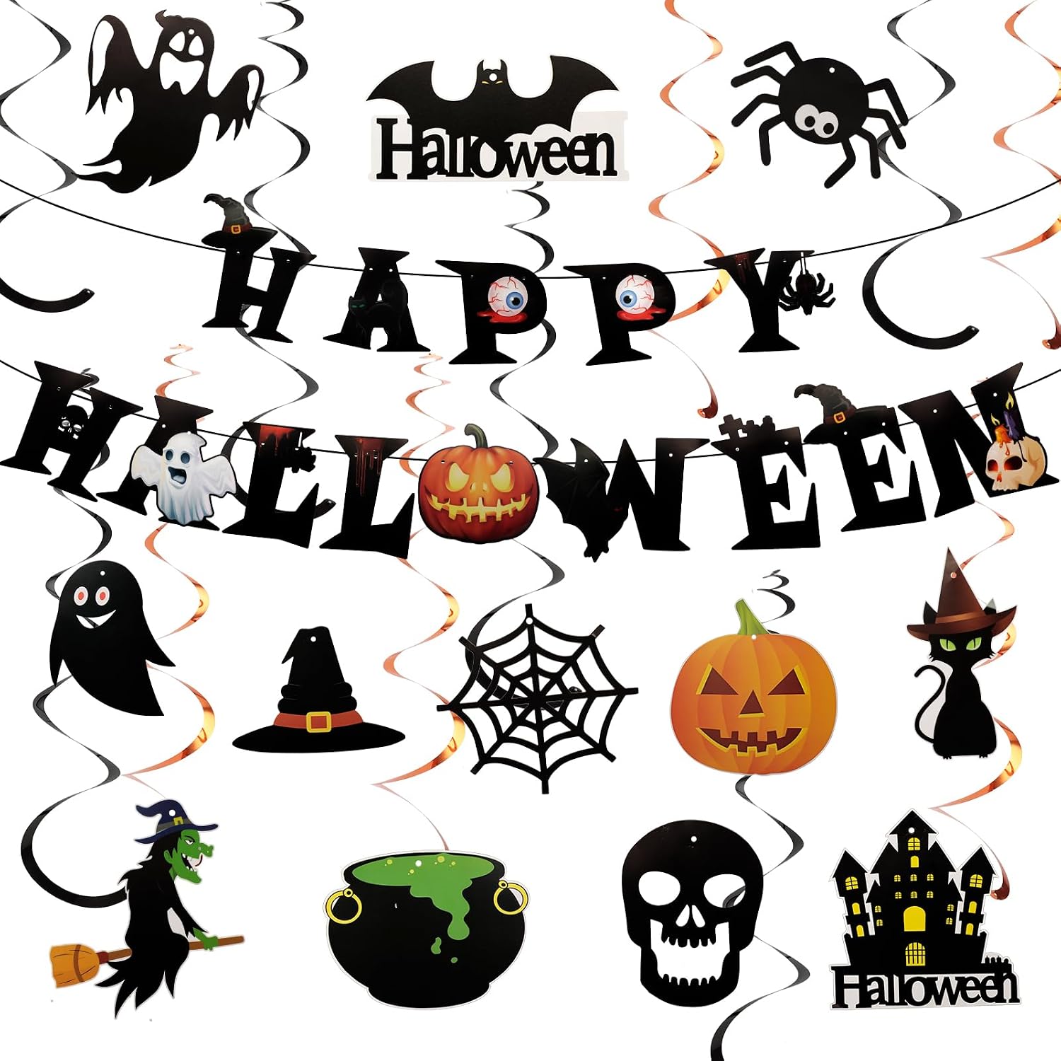 Halloween Hanging Swirl Decorations - Spooky Ceiling Streamers with Ghost, Pumpkin, Bat for Indoor Outdoor Halloween Party Decor