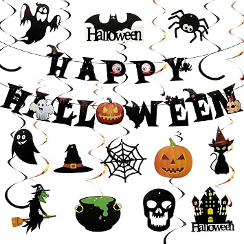 Halloween Hanging Swirl Decorations - Spooky Ceiling Streamers with Ghost, Pumpkin, Bat for Indoor Outdoor Halloween Party Decor