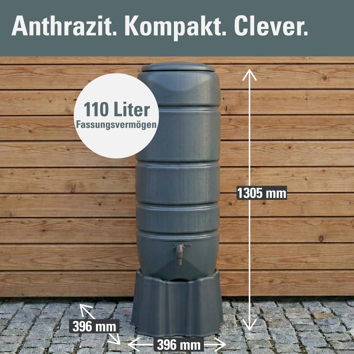 Prosperplast Regentonne Vuelta Set 110L anthrazit 39,6 x 39,6 x 130,5 cm inkl. Sockel & Kunststoffhahn – Regentank aus Kunststoff für Balkon & Terrasse, platzsparend, wetterfest