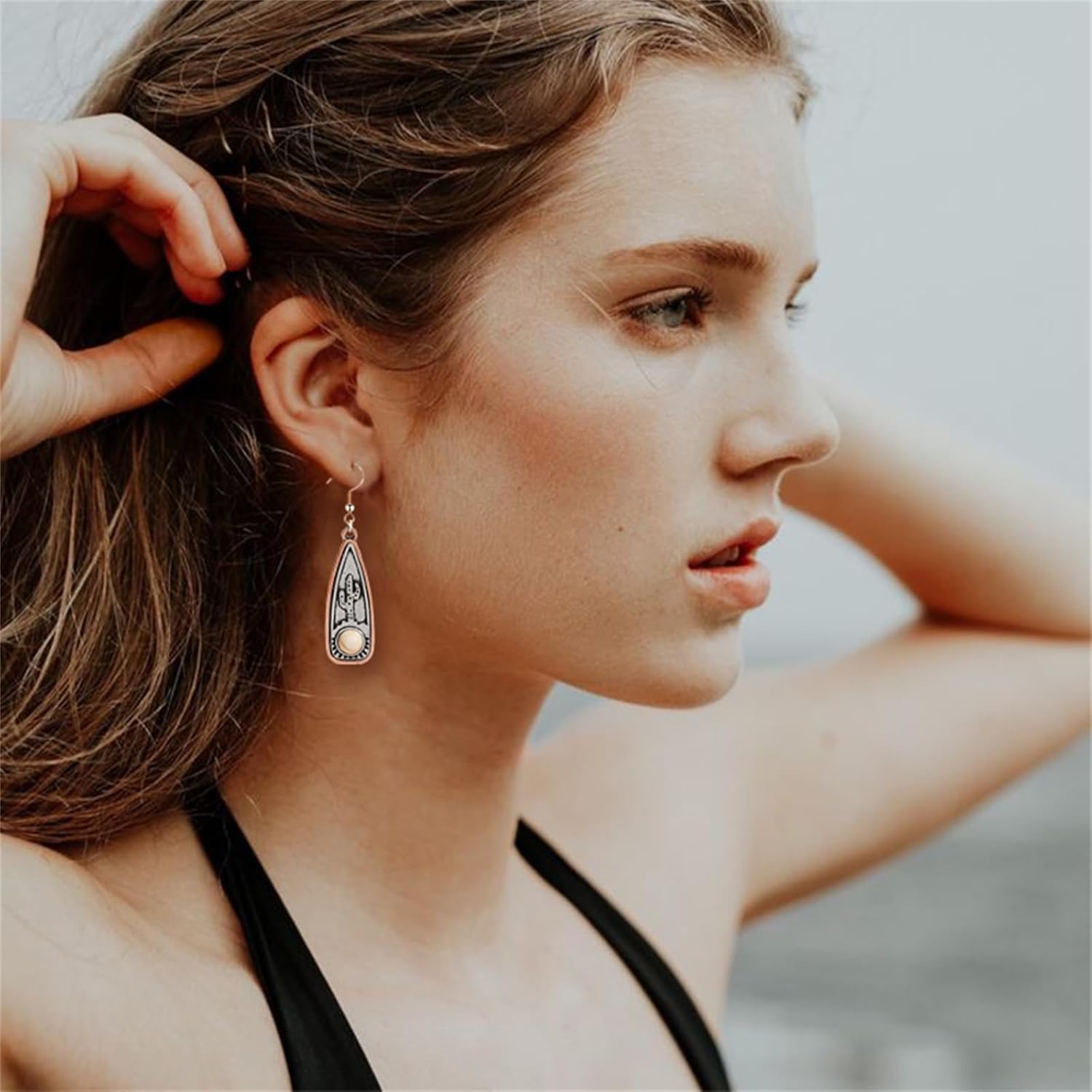 Handmade Turquoise Earrings for Women Girls Boho Cactus Plant Earring Vintage Silver Teardrop Dangle Drop Earrings Western Cowgirl Turquoise Jewelry - Image 2