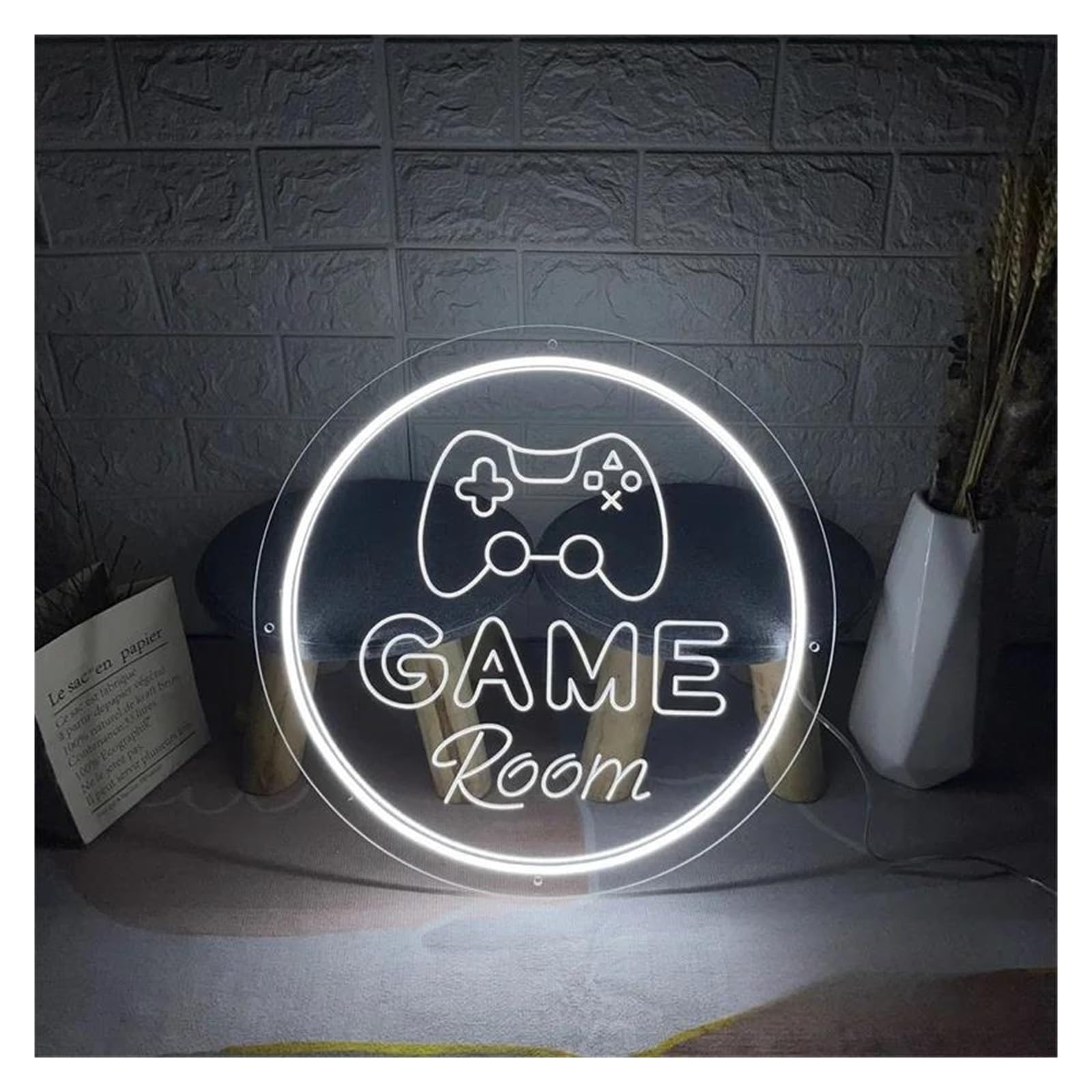 Décor Mural Lumière Panneau Néon Game Room Lumière LED Alimenté Par USB Sculpture 3D À Intensité Variable Pour Joueur Fête À Domicile Salle De Jeu Décoration Murale(Blanc,40x40cm)