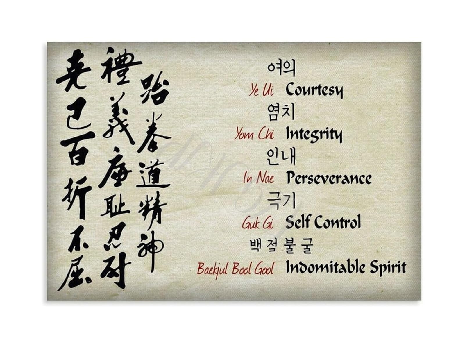 EKFBQBGW Martial Arts Philosophy Poster The Five Tenets of Taekwondo Bilingual Print for Training Study Canvas Print Unframed,12X18inch(30X45cm)
