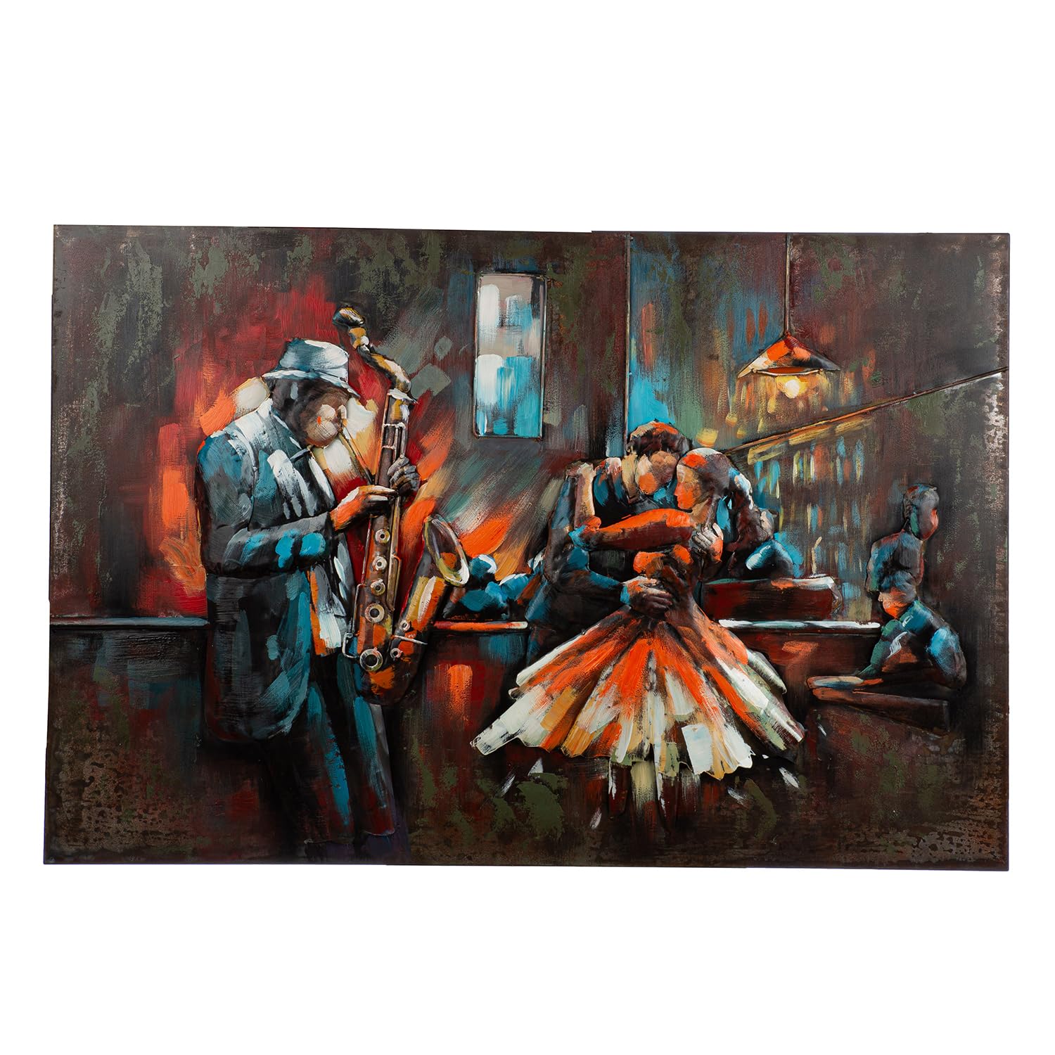 GILDE Bartime Metal Picture - Musicians Motif and Couple Motif - Structured - Rectangular - Height 80 cm x Width 120 cm - Blue/Brown/Red