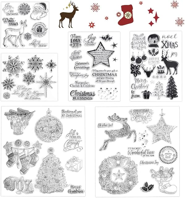 RECHCIGA 6 Sheets Christmas Theme Clear Stamps Set Christmas Silicone Stamps with Snowflake Santa Christmas Tree Wreath Elk Pattern Christmas Silicone Stamps for Crafting Card Making Scrapbooking DIY