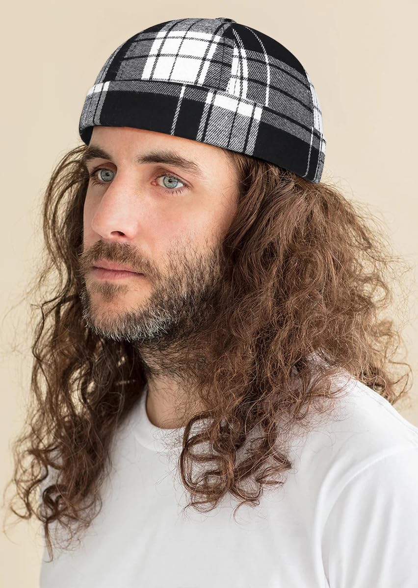 Striped Plaid Brimless Worker Cap,Retro Skullcap Docker Hat for Men Womens - Image 2