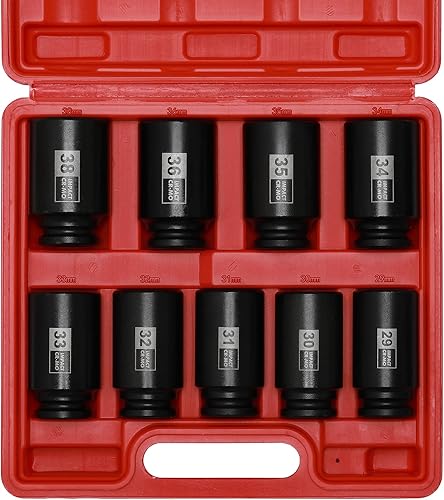 EMENTOL Juego de dados de impacto de tuerca de eje de eje de 6 puntos, 9 unidades, 1/2 pulgadas, CR-MO, métrico, juego de dados de impacto profundo