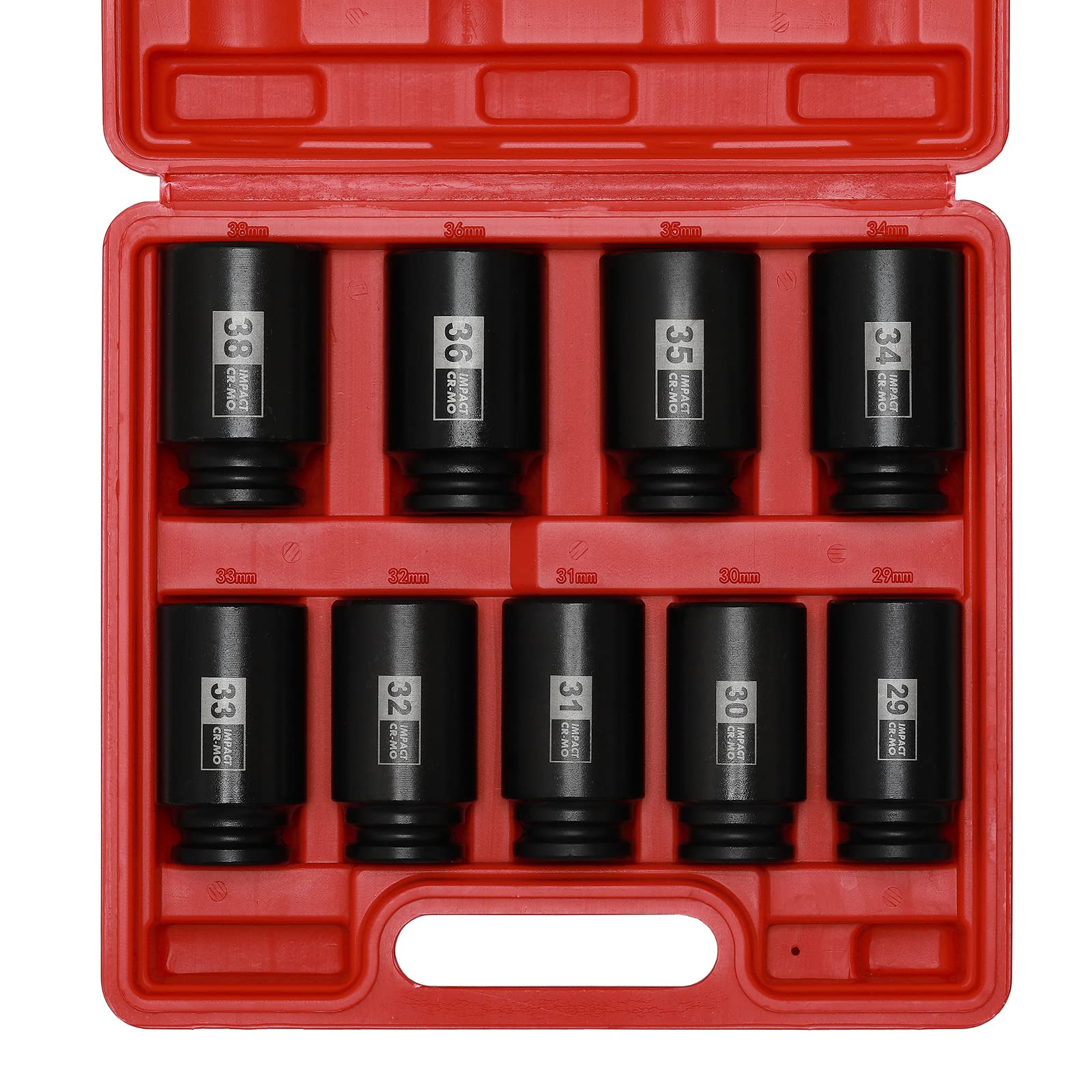 EMENTOL 9PCS 1/2" Drive Deep 6-Point Spindle Axle Nut Impact Socket Set, CR-MO, Metric, 1/2" Drive Deep Impact Socket Set, 29mm - 38mm