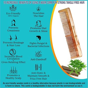 Handmade Neem Wood Comb for Women and Men, Wide Tooth, Anti Dandruff, Dual Teeth, Handcrafted, Ecofriendly, Hair Friendly, 7 Inch, Pack of 1