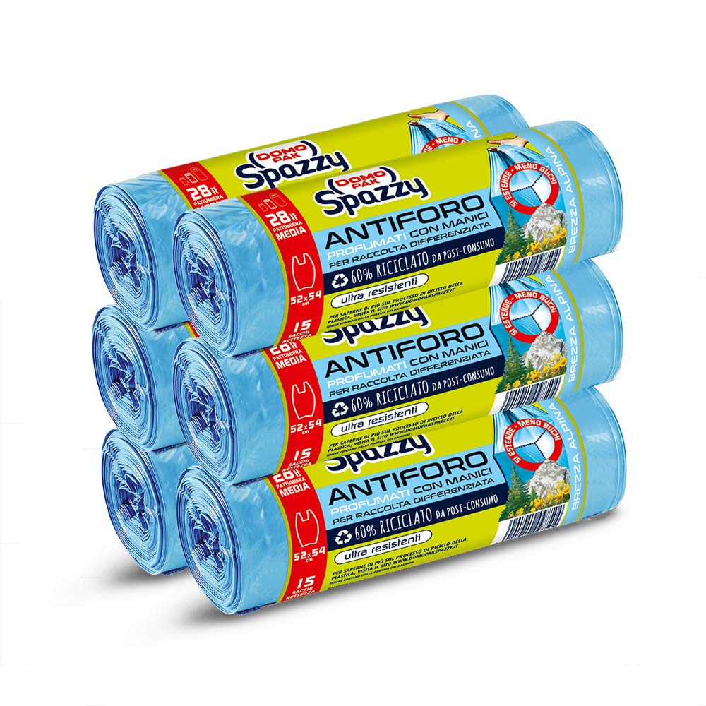 Domopak Spazzy Sacchi Nettezza Antiforo Con Manici - Profumato Alla Brezza Alpina - Casalingo 28 L - 6 Confezioni Da 15 Pezzi, Plastica, Azzurro, 15 Unità (Confezione da 6)