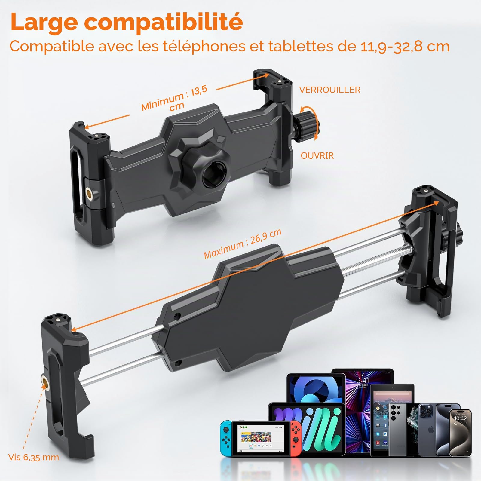 KDD Support de Tablette pour appuie-tête de Voiture - Rotation à 360 ° - avec Bras réglable - pour téléphones Portables et tablettes Pro, Air, Switch, Galaxy, 4,7 à 12,9"