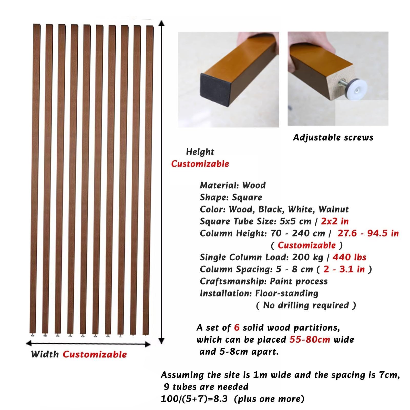 Divisor de Listones de Madera Independiente de Piso a Techo, Pantalla de privacidad Ajustable for pasillos y escaleras(160cmx10pack)