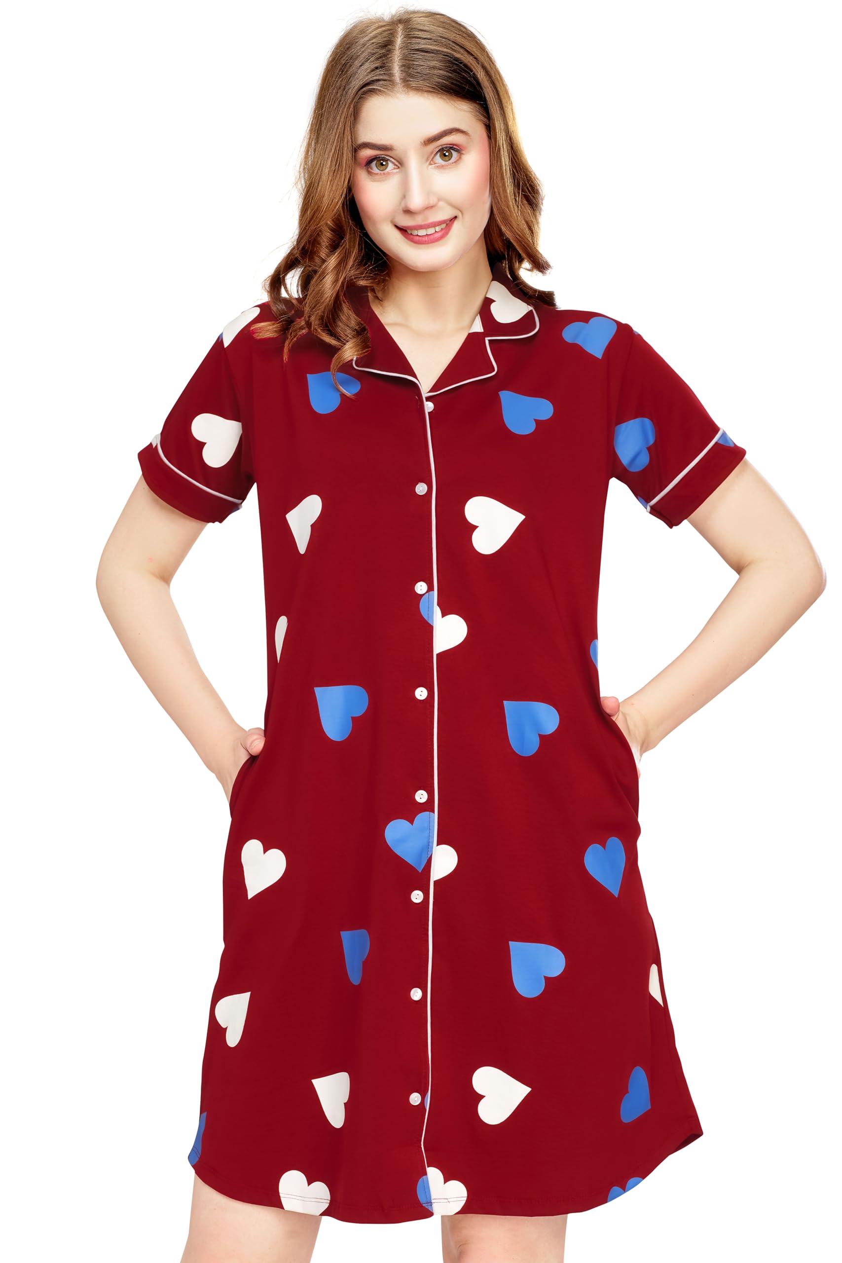 zeyo Women's Cotton Night Dress Heart Printed Knee Length Night Gown 5792-picture-28