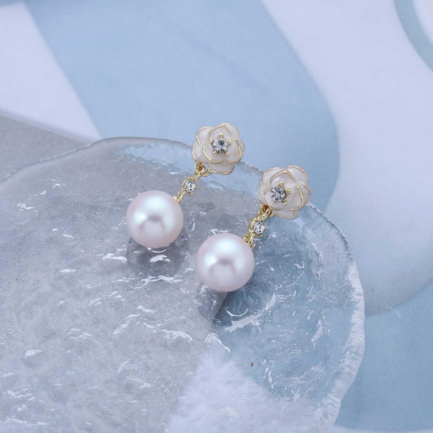 Bohemian Camellia Pearl Dangle Earrings White Enamel Rose Flower Earrings Small Crystal Camellia Stud Earrings Round Cz Pearl Drop Earrings Jewelry for Women - Image 4