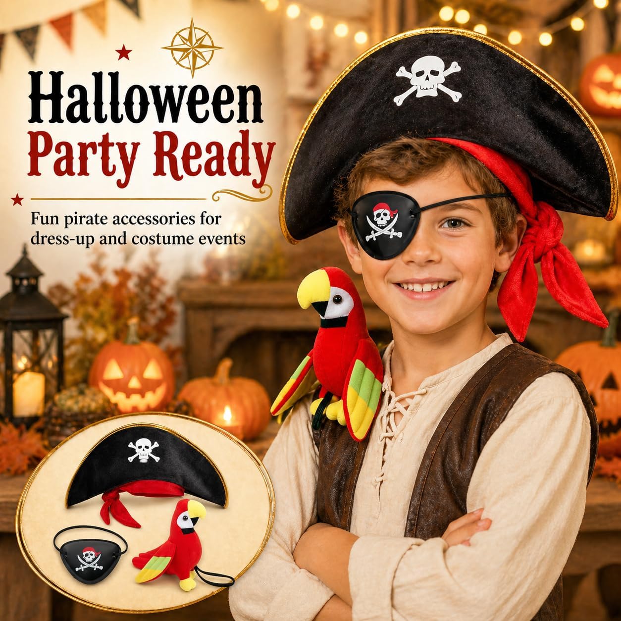3Pcs Pirate Hat & Stuffed Shoulder Parrot & Eye Patches, Pirates Costume Accessories Skull Print Patch for Woman Men Adults Kids for Halloween School Shows and Cosplay Props