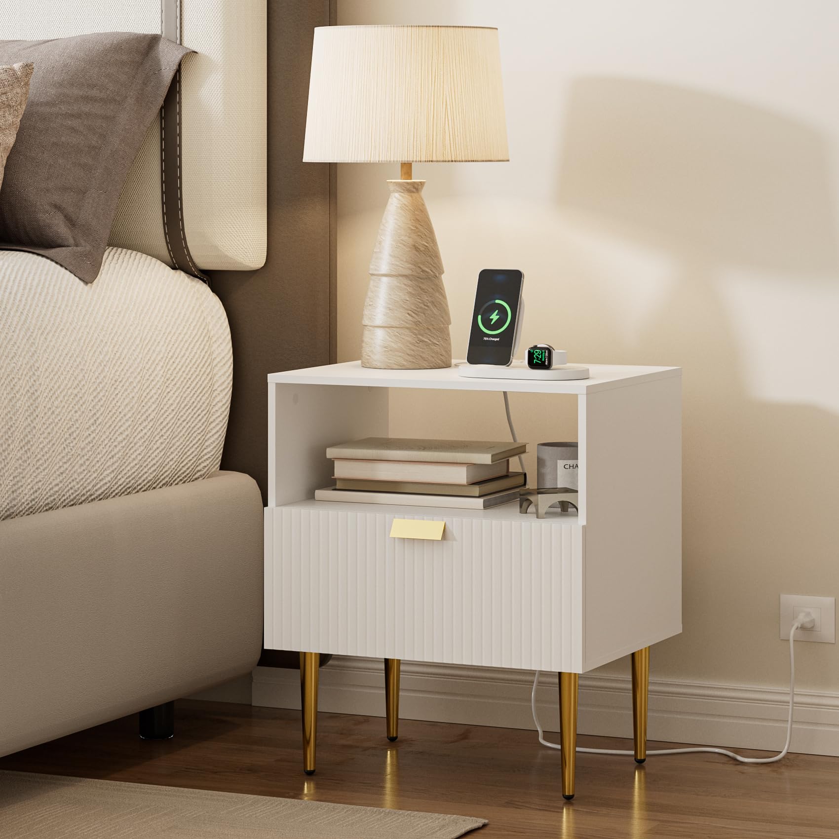 Photo 1 of AEPOALUA Nightstand with Drawers, Large Fluted Night Stand, End Table for Living Room, Mid Century Modern Bedside Table for Bedroom (21-White Stripe with Outlet, 1 Drawer)